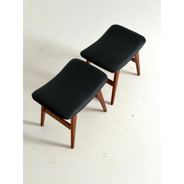 Teak Stool with Black Leather, 1960s, Set of 2 For Sale - Image 4 of 7