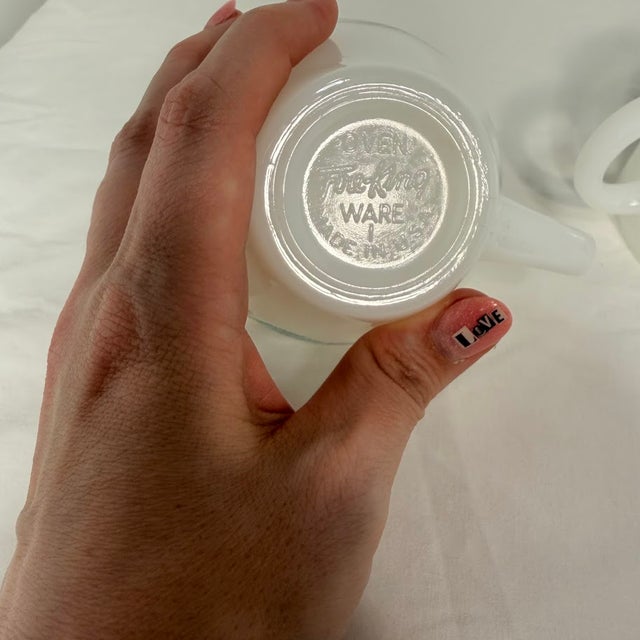 Vintage Mid-Century Fire King Milk Glass Teacups Blue Cornflower Anniversary Pattern - Set of 2 For Sale - Image 9 of 11