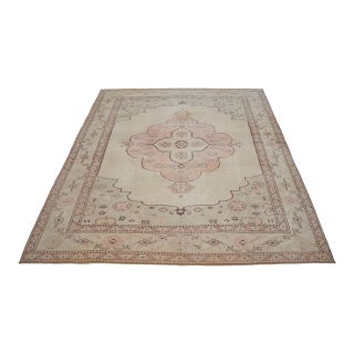 Low Pile Area Rug Hand Knotted Soft Colors Oushak Medallion Rug - 5'7'' X 6'8'' For Sale