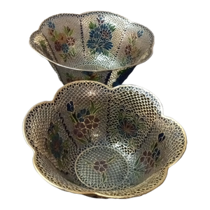 Early 1900s Plique a Jour Cloisonne Enamel Bowls- Set of 2