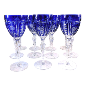 1950s Blue Cut to Clear Stemware Glasses - Set of Eleven