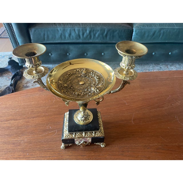 French Provincial 1920s French or Italian Brass Black Marble Compote Candlestick Stand For Sale - Image 3 of 8