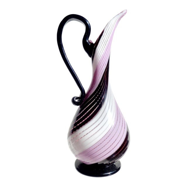 Murano Vintage Pink White Black Ribbon Pattern Italian Art Glass Mid-Century Decorative Pitcher Vase For Sale