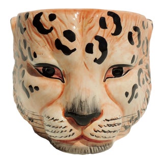 Vintage Hand Painted Ceramic Figural Leopard Chettah Jaguar Cat Face Cache Pot Planter For Sale