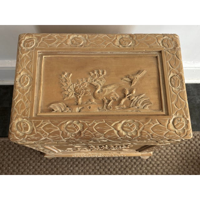 Chinese Vintage Asian Carved Storage Chest With Asian Landscape Reliefs For Sale - Image 3 of 14