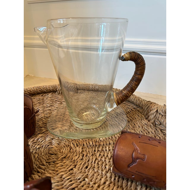 Vintage Carl Aubock Style Pitcher With Rattan Wrapped Handle and Attached Underplate For Sale - Image 16 of 16
