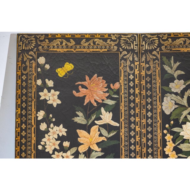 Chinese Four-Panel Chinese Black Lacquer Screen with Polychrome Floral Decoration For Sale - Image 3 of 18
