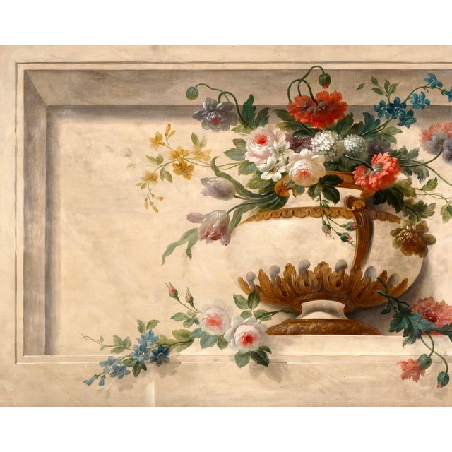 19th Century French Overdoor Oil On Canvas Painting, Still Life Featuring Flowers. Wonderfully large still life of urns...