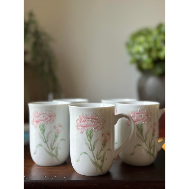 Japanese 1980s Vintage Japanese Otagiri Porcelain Pink Carnation Mugs - Set of 5 For Sale - Image 3 of 6