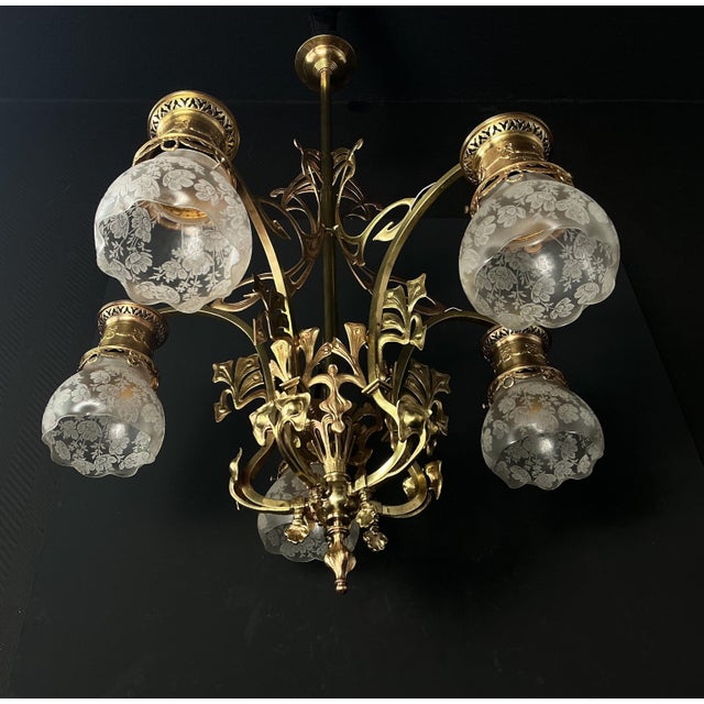 Antique Art Nouveau Chandelier in Brass and Bronze, 1890s For Sale - Image 9 of 13