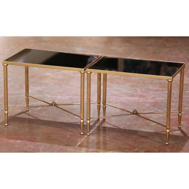 Mid 20th Century Mid-Century French Maison Baguès Style Black Glass Tops Brass Side Tables For Sale - Image 5 of 8