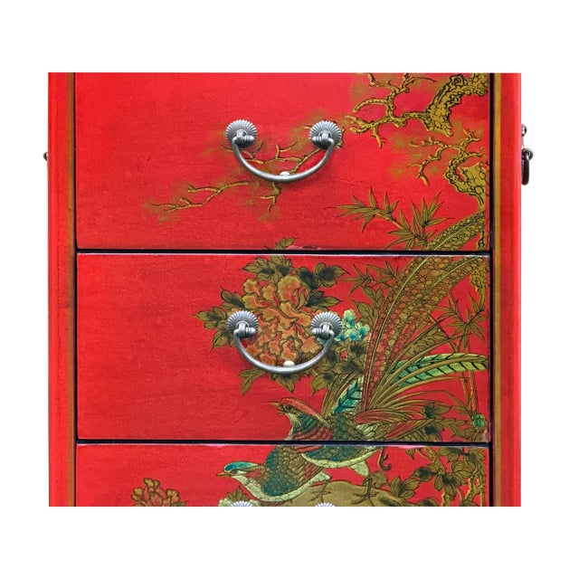 Oriental Bright Red Golden Flower Bird Graphic Drawers Chest For Sale - Image 9 of 13