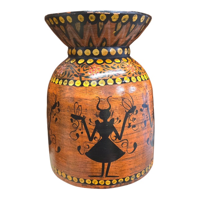 Vintage Wooden Folk Art Evil Tribal Vibe Vase For Sale