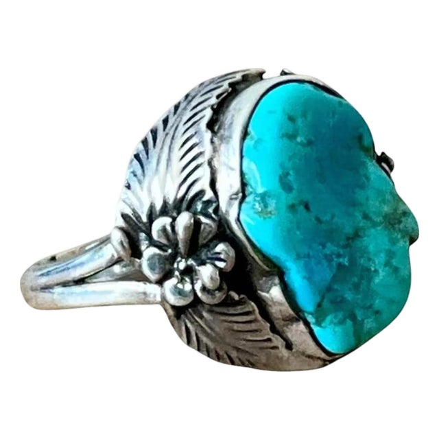 Vintage Boho Navajo Turquoise Ring Set in Sterling Silver 8 For Sale