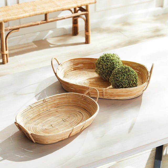 Boho Chic Cane Rattan Trays With Handles, Set Of 2 For Sale - Image 3 of 3