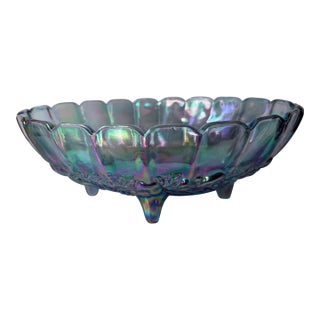 Vintage 1970s Indiana Glass Iridescent Blue Carnival Glass Harvest Grape Footed Centerpiece Bowl.. For Sale