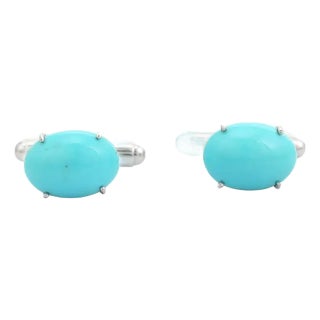 Bochic 13X10mm Oval Cabochon Turquoise Men’s Cufflinks Set in 925 Silver by Carat&her, A Pair For Sale