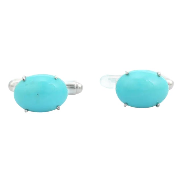 Bochic 13X10mm Oval Cabochon Turquoise Men’s Cufflinks Set in 925 Silver by Carat&her, A Pair For Sale