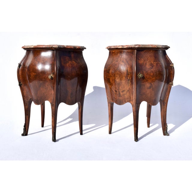 Italian Burl Wood Bombe Nightstands, Breccia Marble Tops, 19th Century For Sale - Image 4 of 9