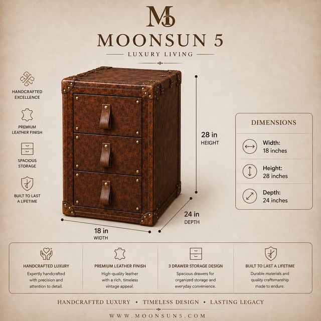 Luxury Leather Dark Brown Nightstand Pair, Handmade Vintage Style Trunk Bedside Tables, Leather 3 Drawer Cabinet, Brass Studded Bedroom Storage For Sale - Image 12 of 15
