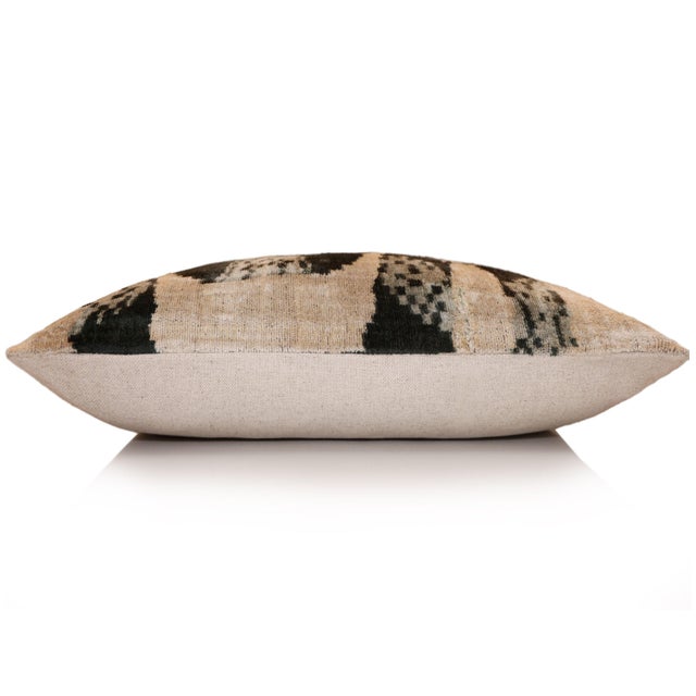 Textile Luxury Black and Natural Silk Velvet Ikat Lumbar Pillow 16x24 Inch With Down Insert For Sale - Image 7 of 8