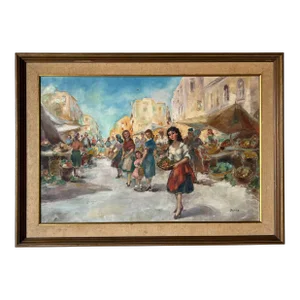 Italian Giuseppe Pitto (1857-1928) Impressionist Oil on Canvas Painting of a Lady in Market