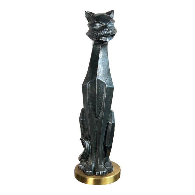 Vintage 24" Mid Century Modern / Art Deco Cubist Black Cat Sculpture For Sale