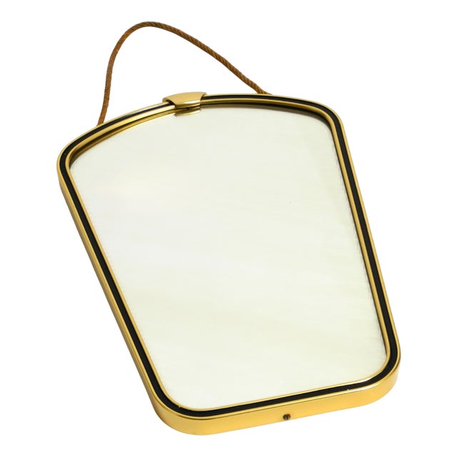 Small Mid-Century Brass Wall Mirror with Braided Hanging Strap, 1950s For Sale