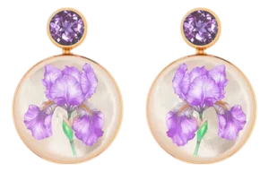 Mother of Pearl Shell Stud Earrings With Amethyst and Iris Flower Painting, A Pair