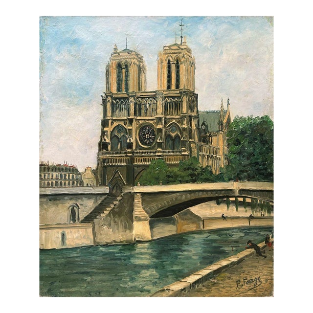 1930s Pierre Farge Notre Dame De Paris Et Le Pont Au Double Oil on Canvas For Sale