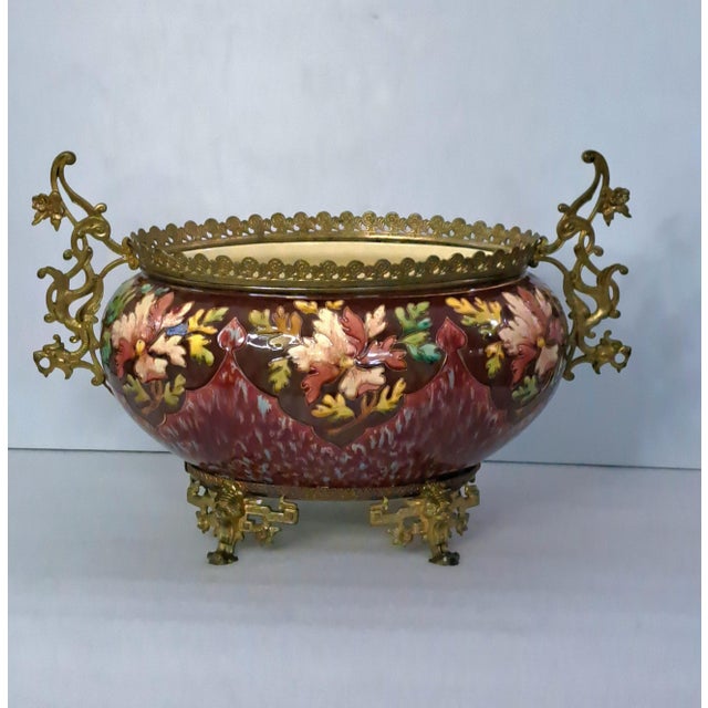 Late 19th Century Late 19th Century French Majolica Jardinière With Bronze Dragon Handles For Sale - Image 5 of 15