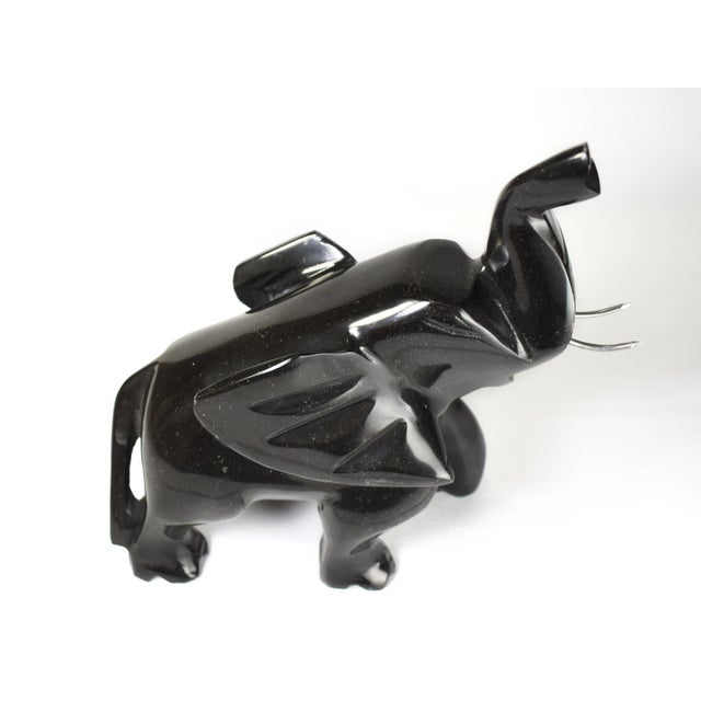 Vintage Solid Black Onyx Stone Carved Trunk Up Lucky Elephant Figurine For Sale - Image 6 of 8