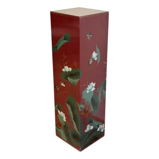 Vintage Chinoiserie Style Asian Motif Red Column Pedestal For Sale