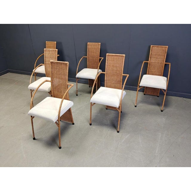 Brown Vintage Wicker High-Back Dining Chairs, 1980s, Set of 6 For Sale - Image 8 of 14