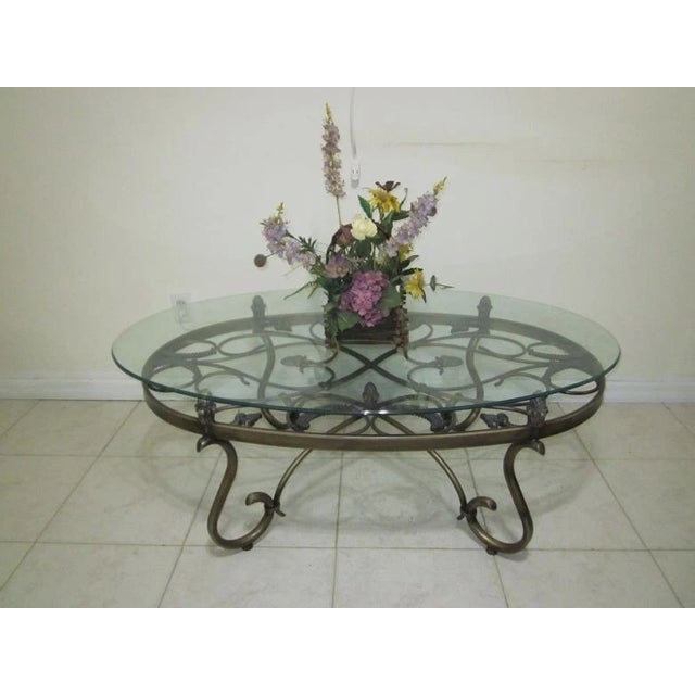 Silver 1990s Oval Metal Coffee Table Italian Style Ornate Glass Top Shipping Is Extra For Sale - Image 8 of 8