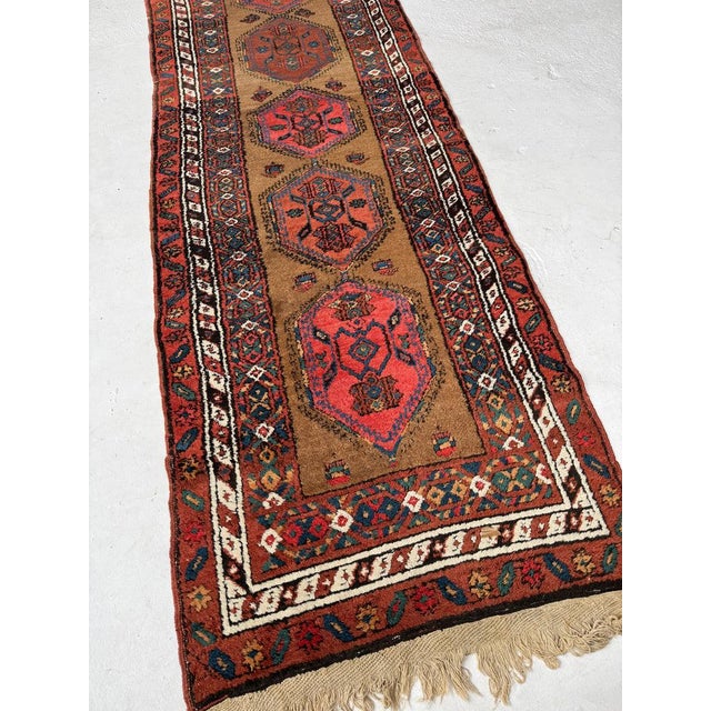 Persian Antique Camel Hair Runnr with Coral Pinks, Watermelon, Rust Rug 3.2 x 9.5 For Sale - Image 3 of 10
