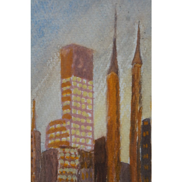 Brown Mid Century Helen McRae New York Skyline Watercolor Cityscape Paintings 10" For Sale - Image 8 of 9