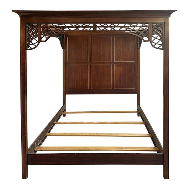 Late 20th Century National Mt Airy Four Poster Cherry Canopy Queen Bed Frame With Back Panel