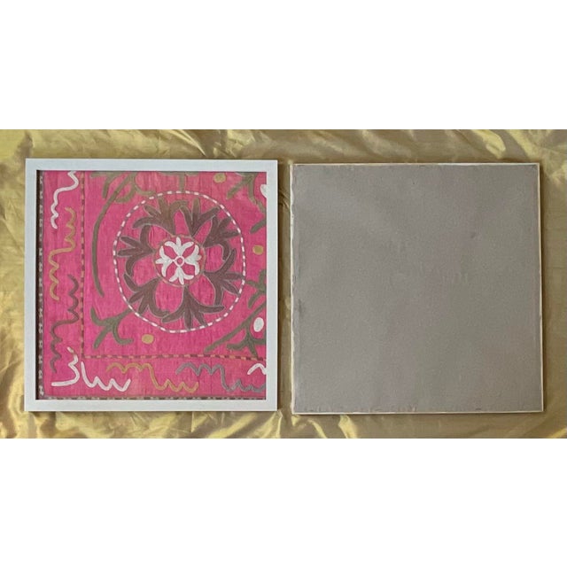 Exquisite Pair of Hand-Embroidered Antique Silk Suzani Framed Silk-on-Silk For Sale - Image 10 of 14