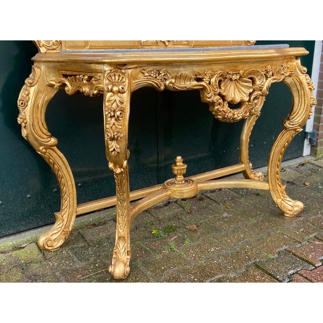 1940s French Louis XVI Baroque Rococo Console Table & Mirror Set – Hand-Carved Beechwood With Marble Top For Sale - Image 11 of 12