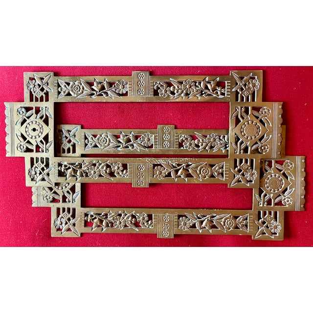 Antique 19th Century Aesthetic Movement Brass Architectural Grills or Picture Frames for Mirrors Dated 1883 - A Pair For Sale - Image 4 of 14