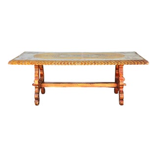 1950s Solid Hand Painted Carved Gold Farm Style Dining Table For Sale