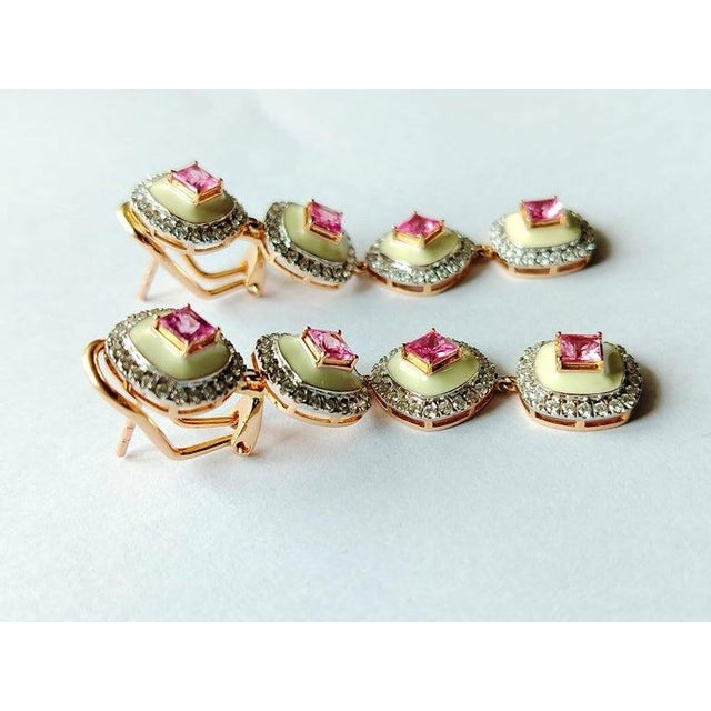 Metal 3.70 Carats Pink Sapphire, White Enamel & Diamonds Chandelier/Dangle Earrings, Pair For Sale - Image 7 of 9