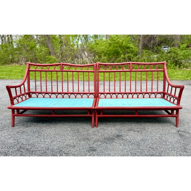 1950’s Ficks Reed / McGuire Style 2-Piece Sectional Sofa in Red For Sale - Image 11 of 12