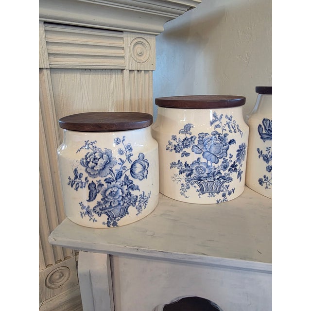 Four Vintage English Blue and White Storage Canisters For Sale - Image 13 of 17