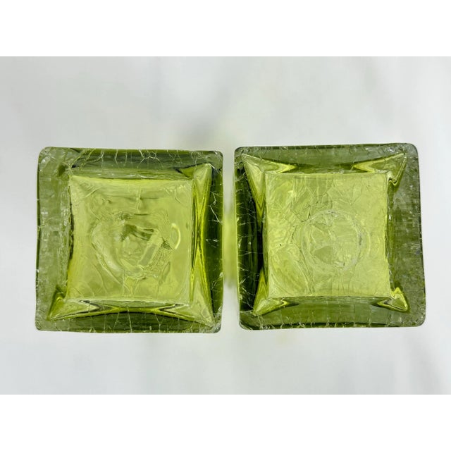 Mid-Century Modern Art Glass MCM Pale Yellow Green Crackle Glass Rectangular 10" Vintage Vases-Pair For Sale - Image 3 of 9