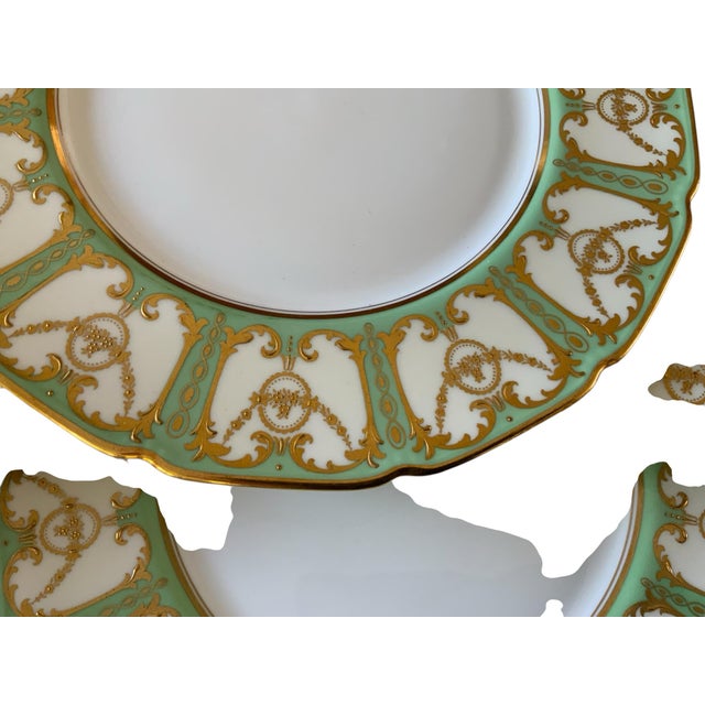 Antique Royal Doulton Robert Allen Dinner Plates Mint Green Gold Gilt 10” Set of 12 (Dated 1916/1925) For Sale - Image 12 of 12