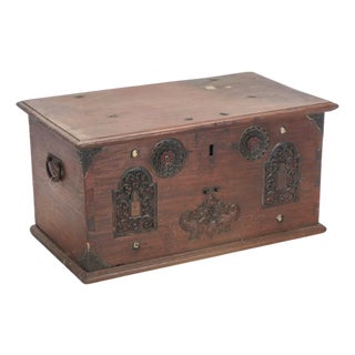 20th Century Anglo-Indian Carved Wood & Metal Storage Chest With Interior Till Box For Sale