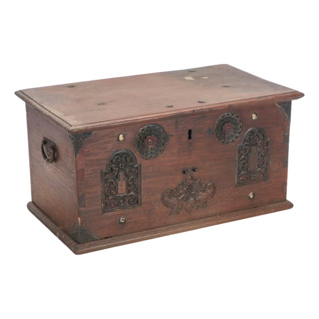 20th Century Anglo-Indian Carved Wood & Metal Storage Chest With Interior Till Box For Sale