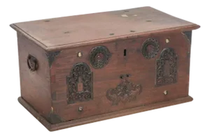 20th Century Anglo-Indian Carved Wood & Metal Storage Chest With Interior Till Box
